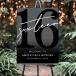 Black 16th Birthday Party Welcome Sign<br><div class="desc">Modern Black and White 16th Birthday Welcome Sign. Celebrate sixteen years in style with this bold and contemporary sign featuring a large black “16” with a handwritten script-style white “Sixteen” at the top for a sleek, minimalist look. At the bottom, the sign reads “Welcome To [Name]’s 16th Birthday” along with...</div>