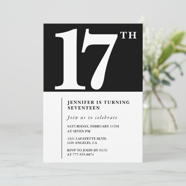 Black 17th birthday invitation Elegant Chic Simple (Standing Front)