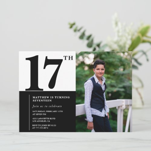 Black 17th birthday invitations Elegant Chic