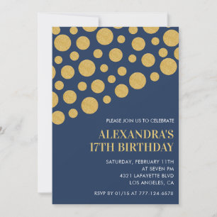 Black 17th birthday invitations Gold Navy 