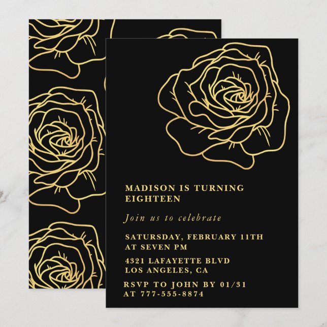 Black 18th birthday invitations Gold Floral (Front/Back)