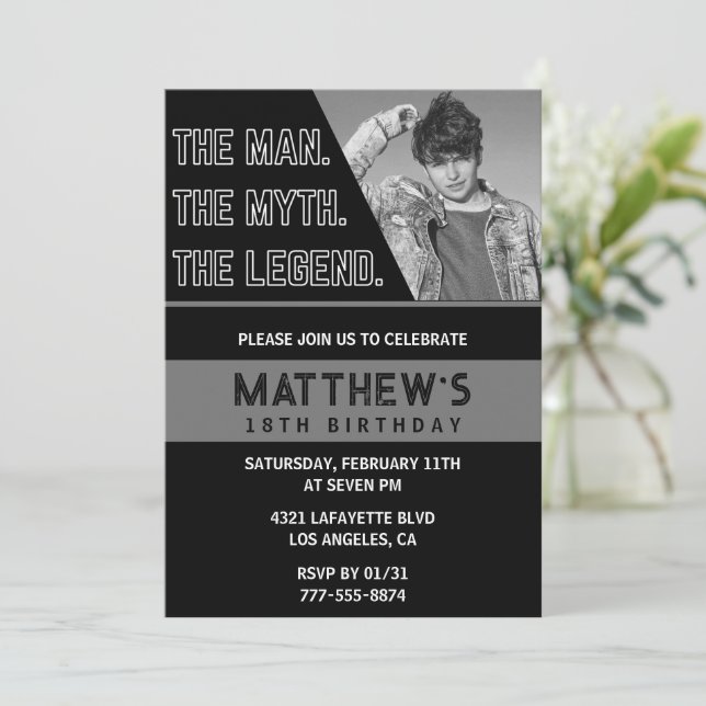 Black 18th birthday invitations The Man The Legend (Standing Front)
