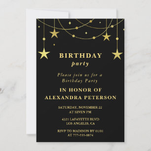 Black 18th birthday Party invite Gold Stars