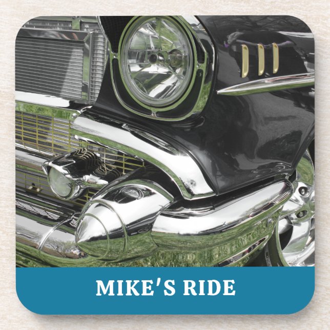 Black 1957 Chevy Car, Name/Message, Your Photo/Art Beverage Coaster (Front)
