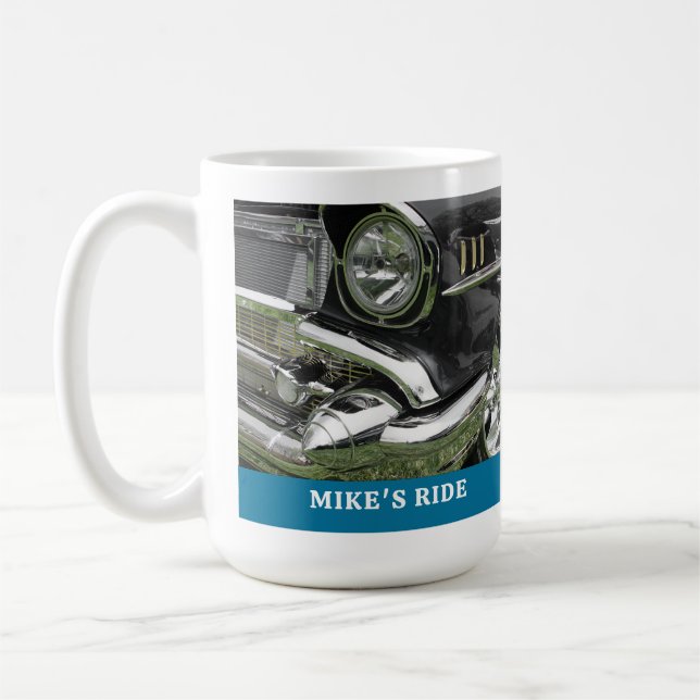 Black 1957 Chevy Car, Name/Message, Your Photo/Art Coffee Mug (Left)