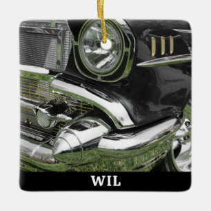 Black 1957 Chevy Car, Name on Black, or Your Photo Ceramic Ornament