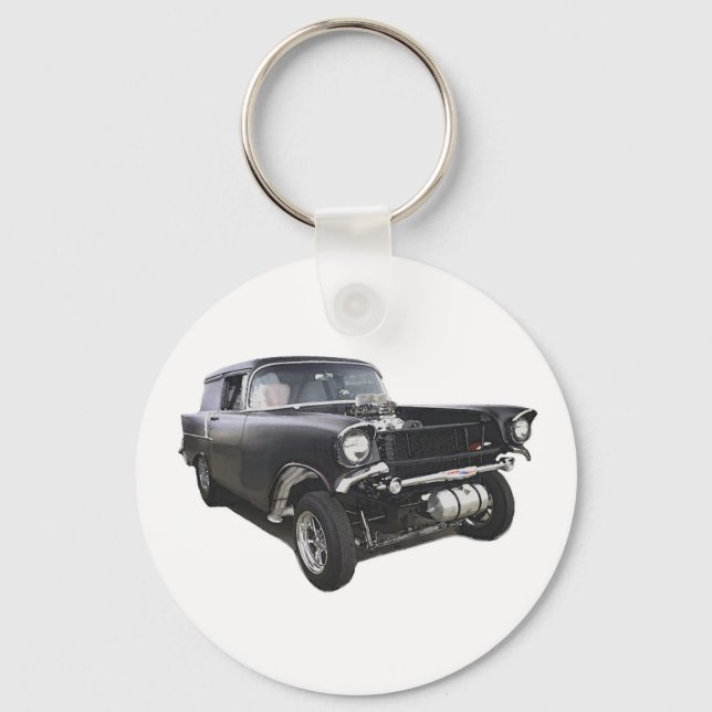 Black 1957 Chevy sedan delivery wagon gasser drag Keychain (Front)