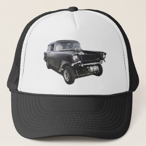 Black 1957 Chevy sedan delivery wagon gasser drag Trucker Hat