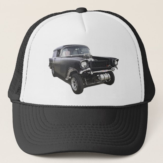 Black 1957 Chevy sedan delivery wagon gasser drag Trucker Hat (Front)