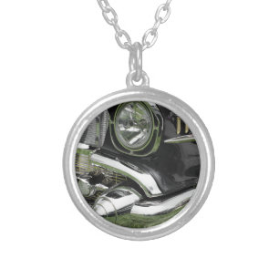 Black 1957 Chevy Vintage Car, Your Photo or Art Silver Plated Necklace