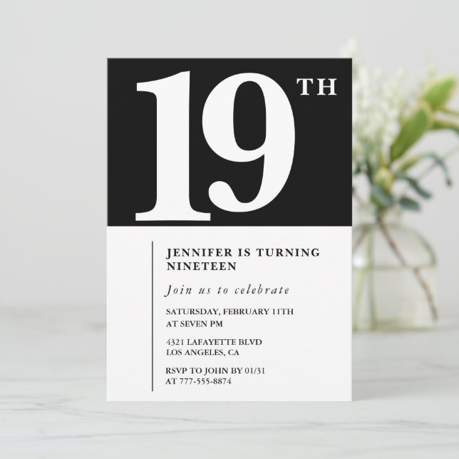 Black 19th birthday invitation Elegant Chic Girl (Standing Front)