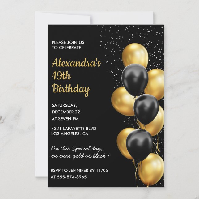 Black 19th birthday invitations Gold Glitter Glam (Front)