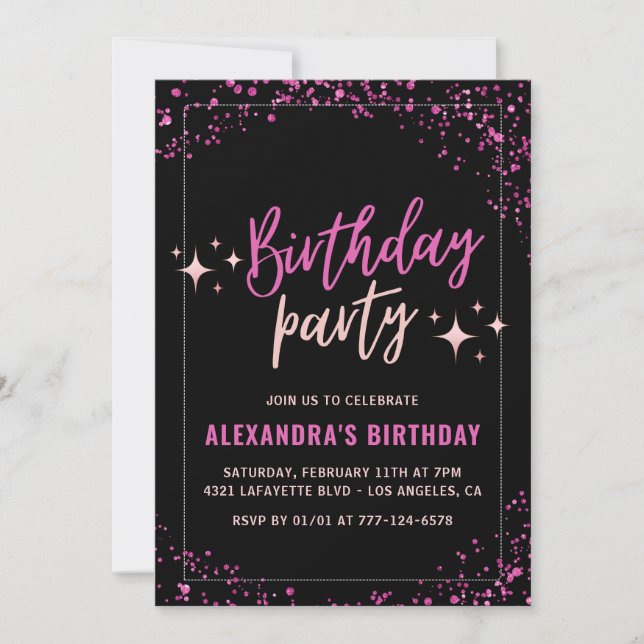 Black 19th birthday invitations Pink Glitter party (Front)