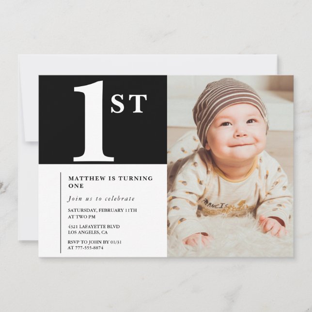 Black 1st birthday invitation Chic Boy Photo (Front)
