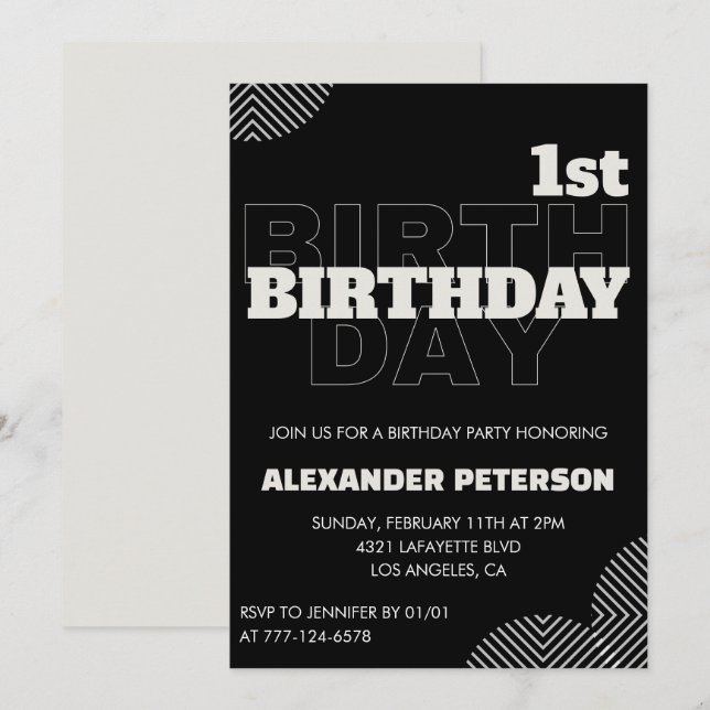 Black 1st birthday invitations Party Boy (Front/Back)