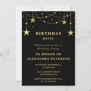 Black 1st Birthday Party Invite Gold Stars
