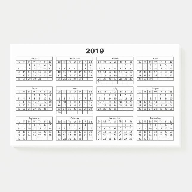 Black 2019 Calendar on White Post-it Notes (Front)