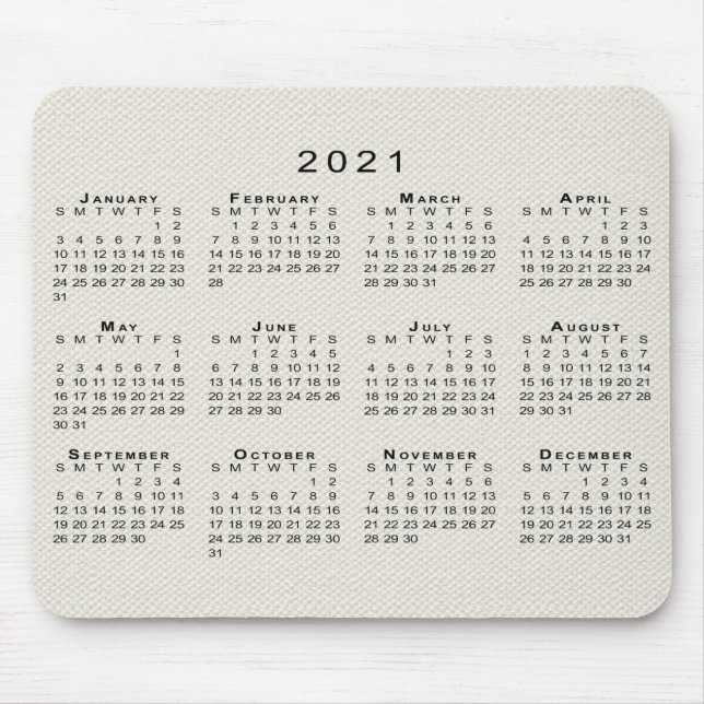Black 2021 Calendar on Beige Faux Canvas Texture Mouse Pad (Front)