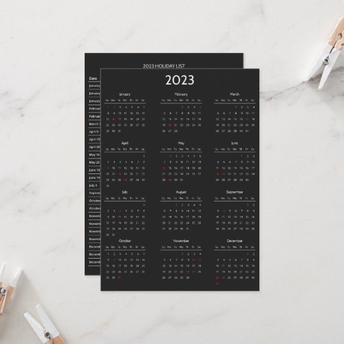 Black 2023 Year at a Glance Holidays Mini Calendar Invitation