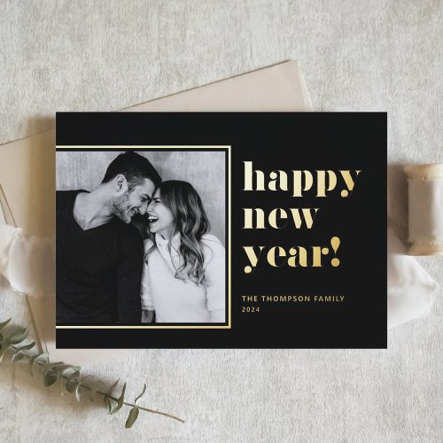 Black 2024 Bold Typography New Year Photo Foil Holiday Card