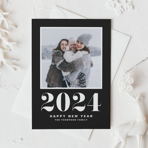 Black 2024 Typography Happy New Year Photo Holiday Card