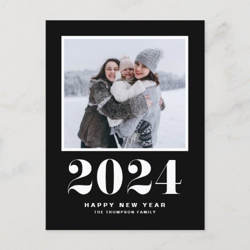 Black 2024 Typography Happy New Year Photo Holiday Postcard