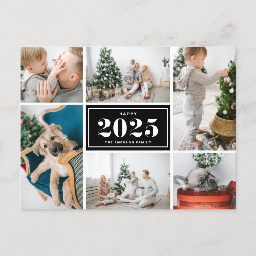 Black 2025 Happy New Year Photo Collage Holiday Postcard