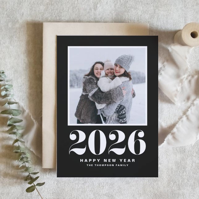Black 2026 Bold Typography New Year Photo Holiday Card (Ring in 2026 with a stylish retro flair using this black and white Happy New Year photo card.)
