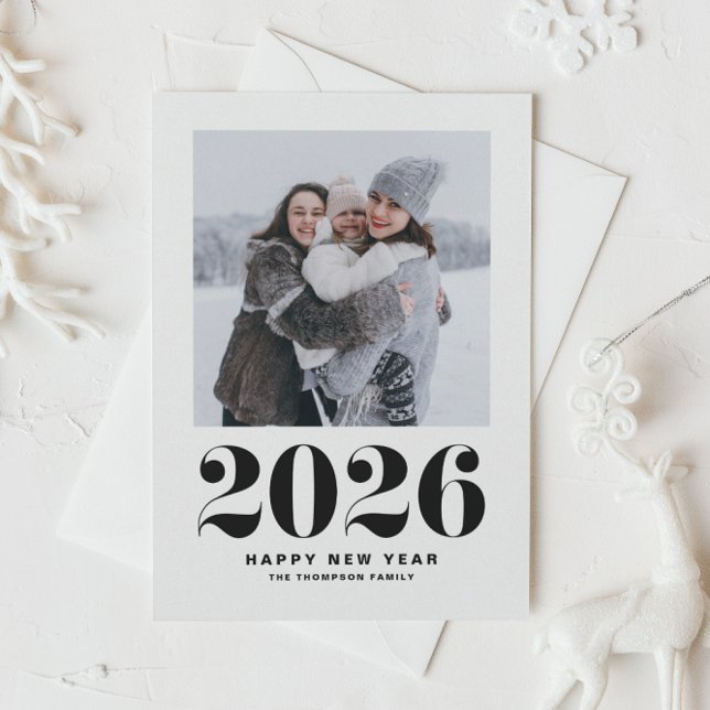 Black 2026 Bold Typography New Year Photo Holiday Card (Ring in 2026 with this black and white Happy New Year photo card featuring retro bold typography.)
