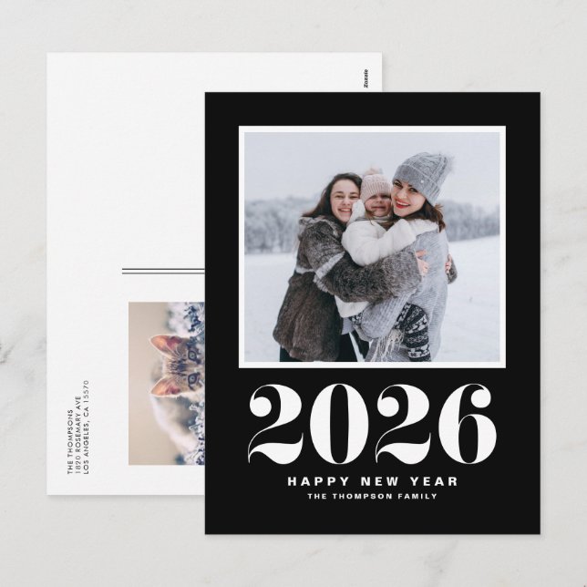 Black 2026 Bold Typography New Year Photo Holiday Postcard (Front/Back)