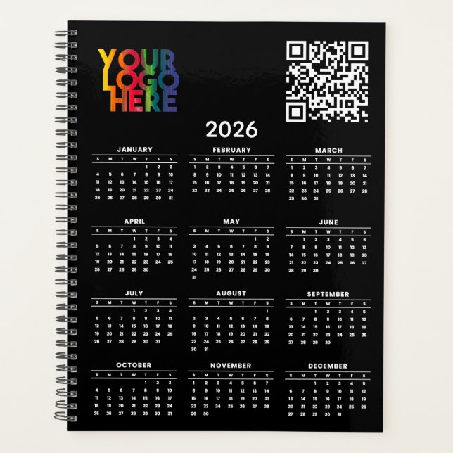Black 2026 Calendar Business Logo QR Code Planner (Front)