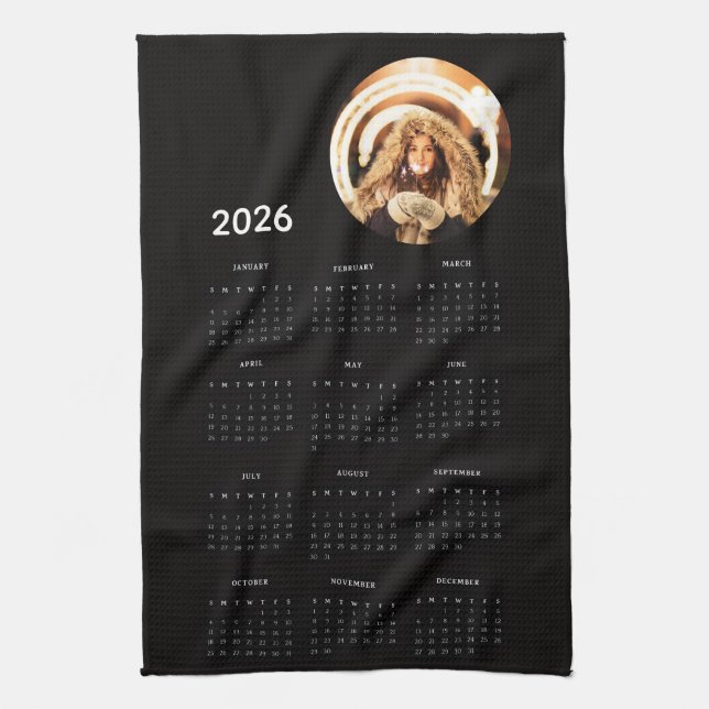 Black 2026 Calendar Round Photo  Kitchen Towel (Vertical)