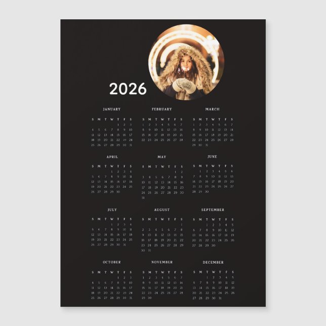 Black 2026 Calendar Round Photo Magnet Card (Front)