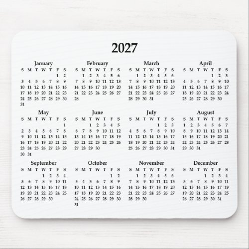 Black 2027 Calendar on White Mouse Pad