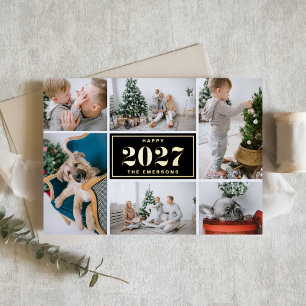 Black 2027 Retro Six Photo Collage New Year Foil Holiday Card