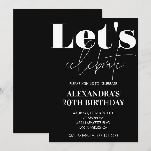 Black 20th birthday invitations Bold Typography 