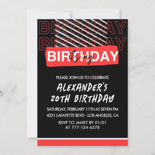 Black 20th birthday invitations Men Party Red