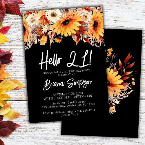 Black 21st Birthday Fall Floral  Invitation