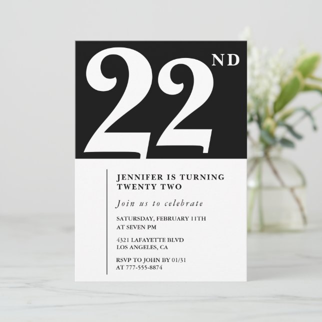 Black 22nd birthday invitation Elegant Chic Modern (Standing Front)