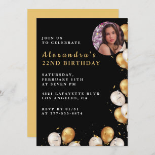 Black 22nd birthday invitation Gold Balloon Photo