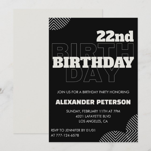 Black 22nd birthday invitations Men Party (Front/Back)