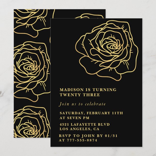Black 23rd birthday invitations Gold Floral (Front/Back)