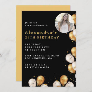 Black 24th birthday invitation Gold Balloon Photo