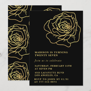 Black 27th birthday invitations Gold Floral