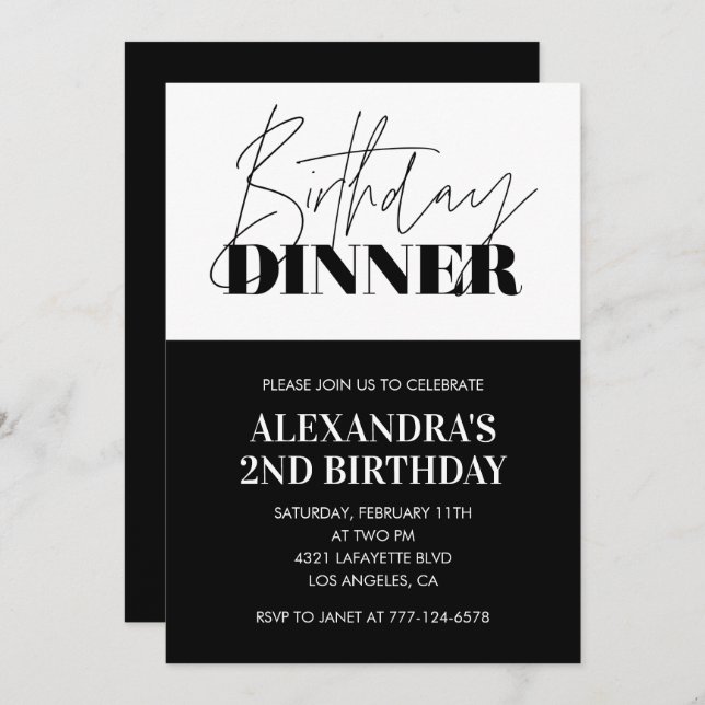 Black 2nd birthday invitations Dinner White (Front/Back)