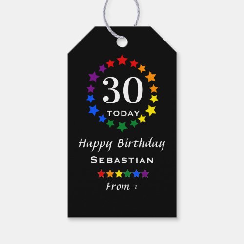 Black 30 Today or Any Age Pride Rainbow Stars Gift Tags