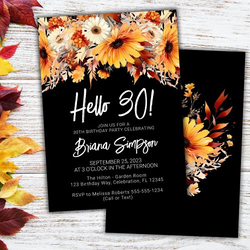 Black 30th Birthday Fall Floral Invitation