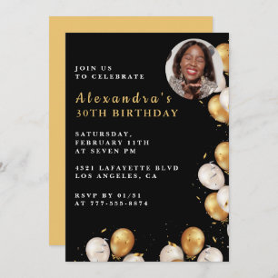 Black 30th birthday invitation Gold Balloon Photo