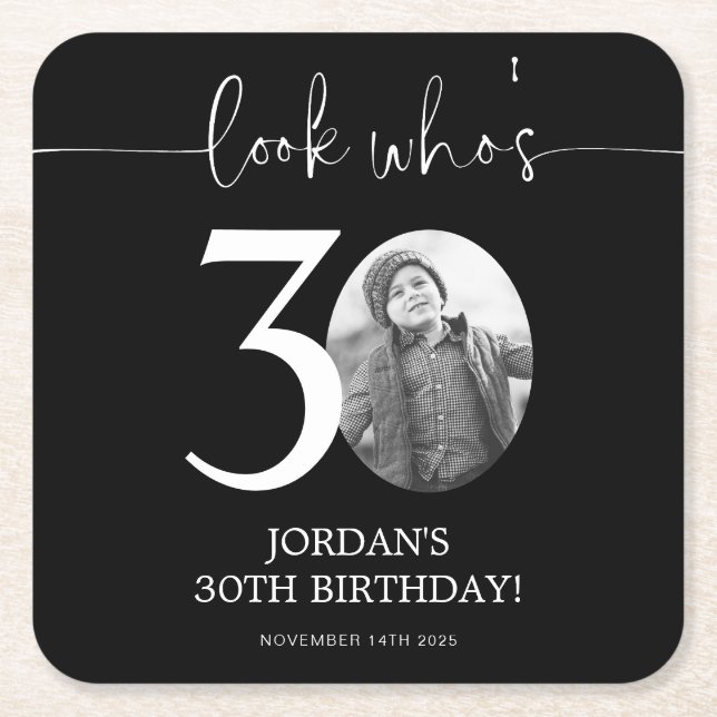 Black 30th Birthday Look Who's 30 Square Paper Coaster (Front)