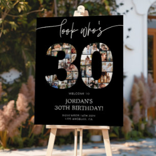 Black 30th Birthday Photo Collage Welcome Sign